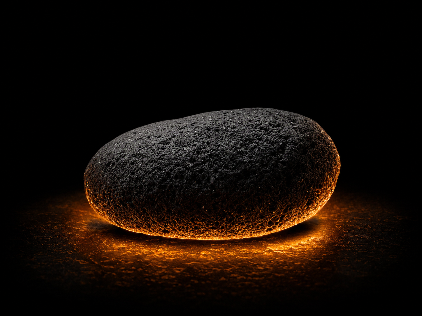 Kelam — volcanic basalt specimen glowing against black